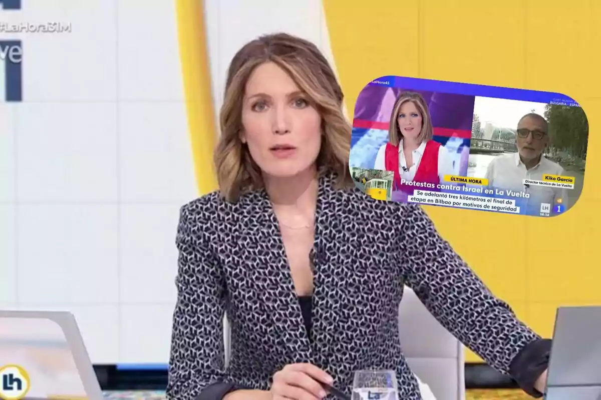 Presentadora de noticias en un estudio con un recuadro que muestra una entrevista sobre protestas en La Vuelta y medidas de seguridad en Bilbao