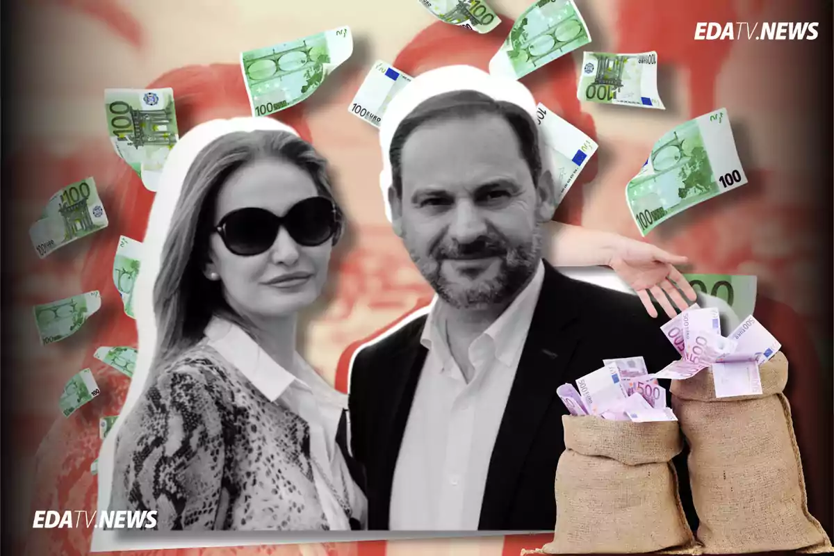 Dos personas en primer plano con billetes de euro flotando a su alrededor y sacos llenos de dinero en la parte inferior