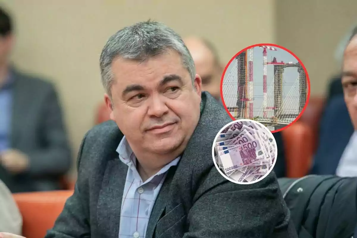 Hombre de cabello canoso con saco gris sentado en una reunión, sobre la imagen aparecen dos círculos, uno con un puente en construcción y otro con billetes de 500 euros.