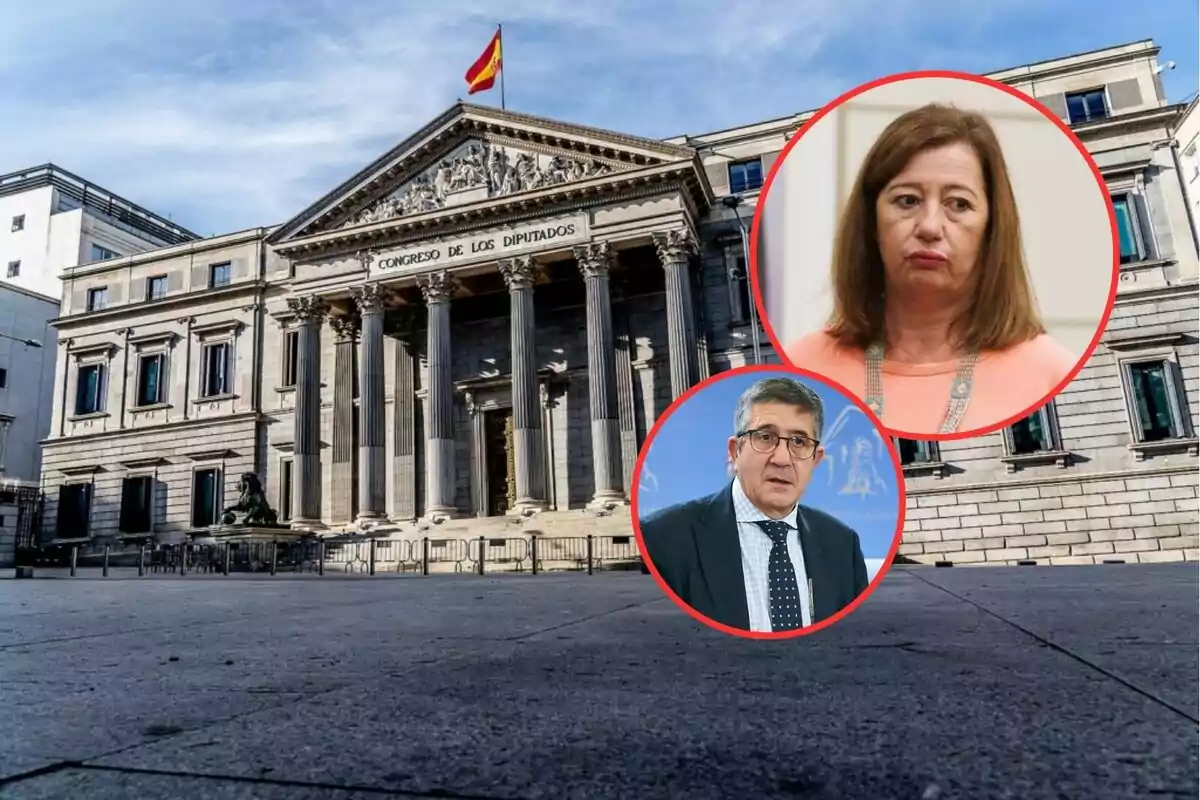 Fachada del Congreso de los Diputados de España con dos retratos de personas enmarcados en círculos rojos superpuestos en la parte superior derecha de la imagen