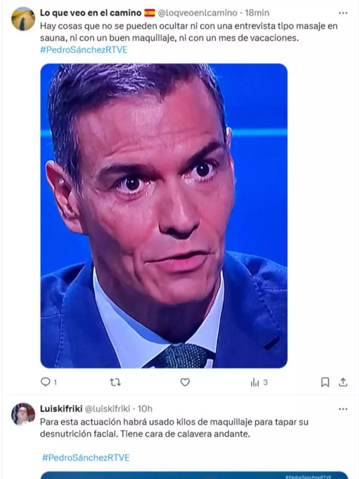 Captura de pantalla de dos tuits que critican la apariencia y el maquillaje de un político durante una entrevista televisiva, acompañados de una imagen en primer plano del rostro del político. Captura de pantalla de dos tuits que critican la apariencia y el maquillaje de un político durante una entrevista televisiva, acompañados de una imagen en primer plano del rostro del político.