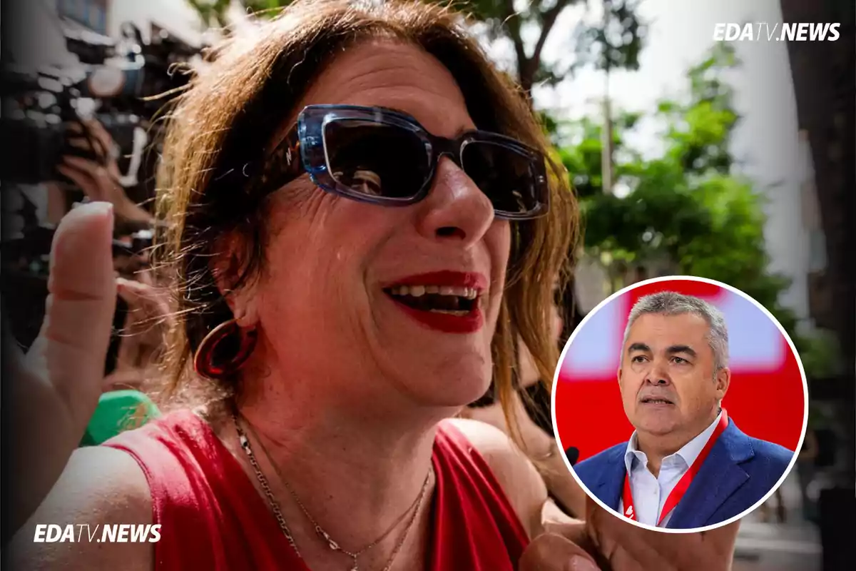 Mujer con gafas de sol y labios rojos sonríe en primer plano mientras en la esquina inferior derecha aparece el retrato de un hombre con camisa blanca y chaqueta azul sobre un fondo desenfocado