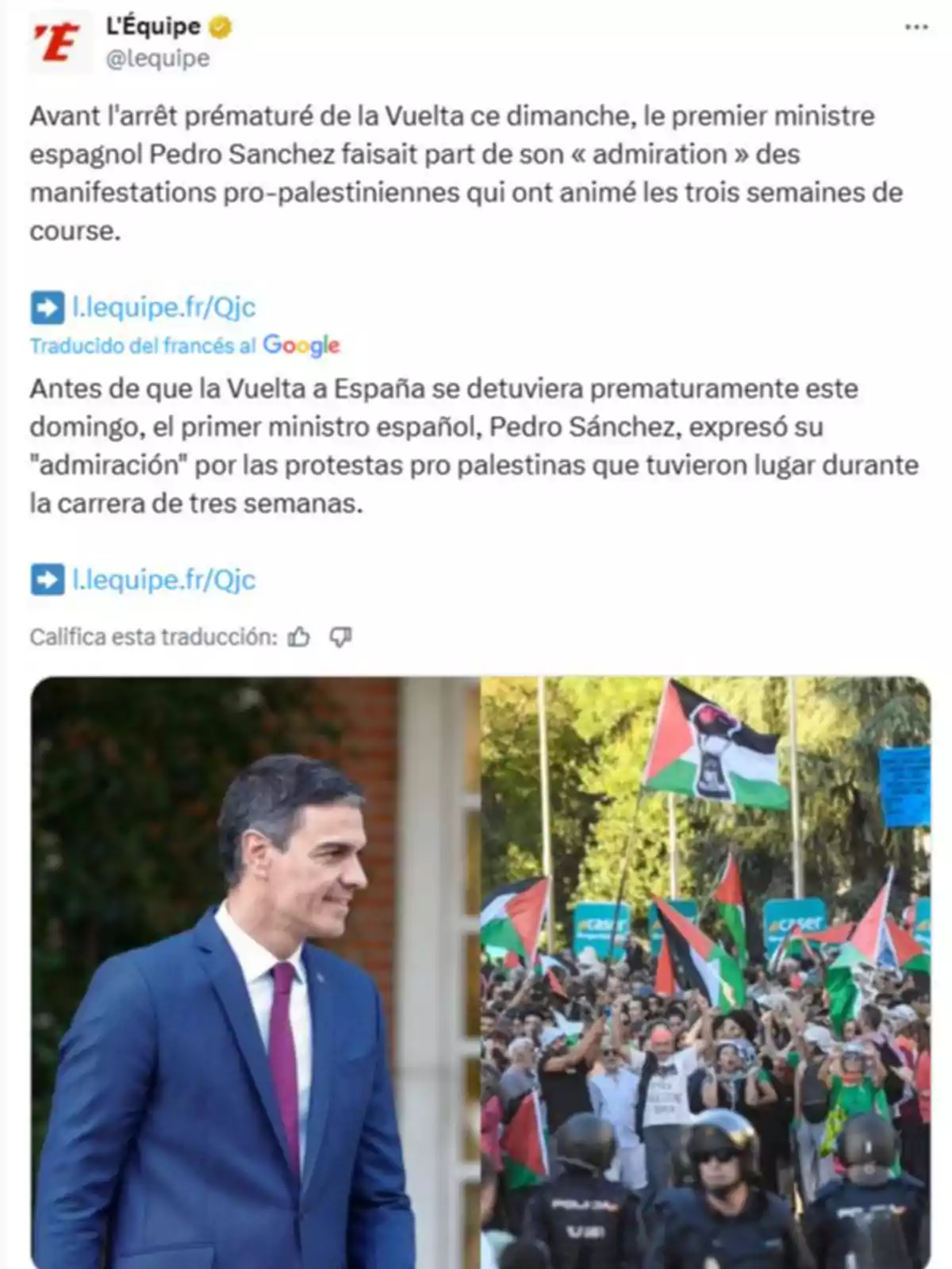 Pedro Sánchez con traje azul y corbata roja a la izquierda, a la derecha una manifestación con banderas palestinas y presencia policial