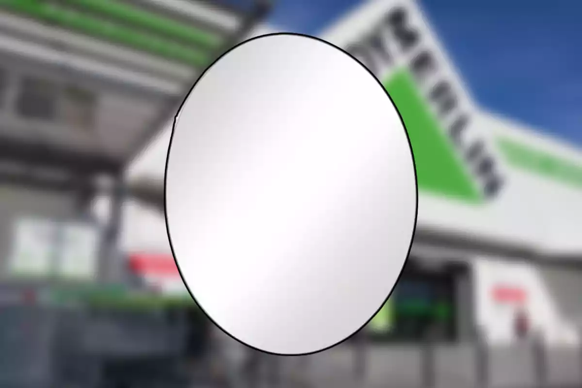Espejo redondo con borde negro frente a una tienda con letrero verde y fondo desenfocado