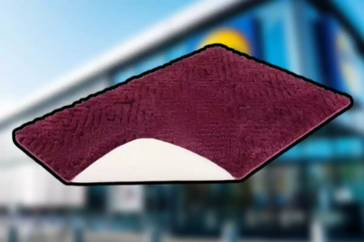Alfombra triangular color vino con una esquina doblada mostrando el reverso blanco sobre un fondo desenfocado de edificio moderno. Alfombra triangular color vino con una esquina doblada mostrando el reverso blanco sobre un fondo desenfocado de edificio moderno.