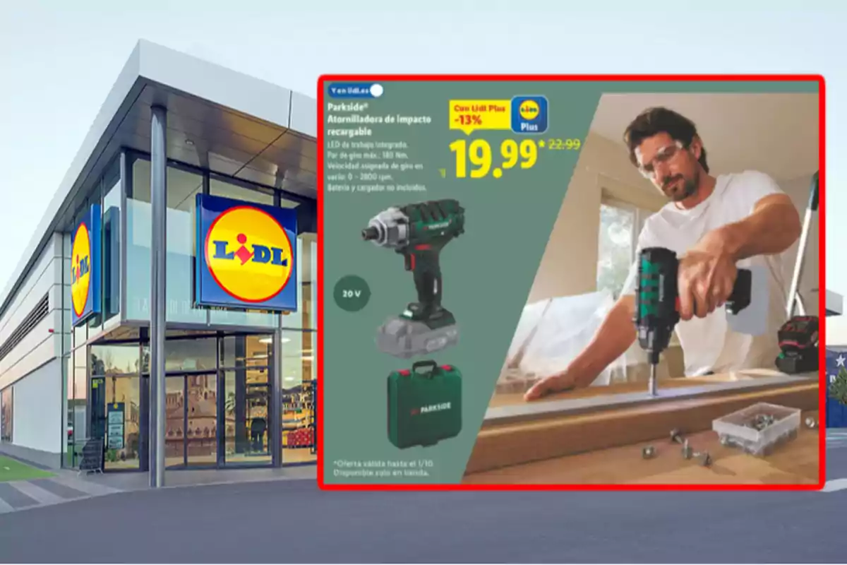 Fachada de una tienda Lidl con un cartel promocional de un atornillador recargable Parkside en oferta y un hombre usándolo en una mesa de trabajo Fachada de una tienda Lidl con un cartel promocional de un atornillador recargable Parkside en oferta y un hombre usándolo en una mesa de trabajo