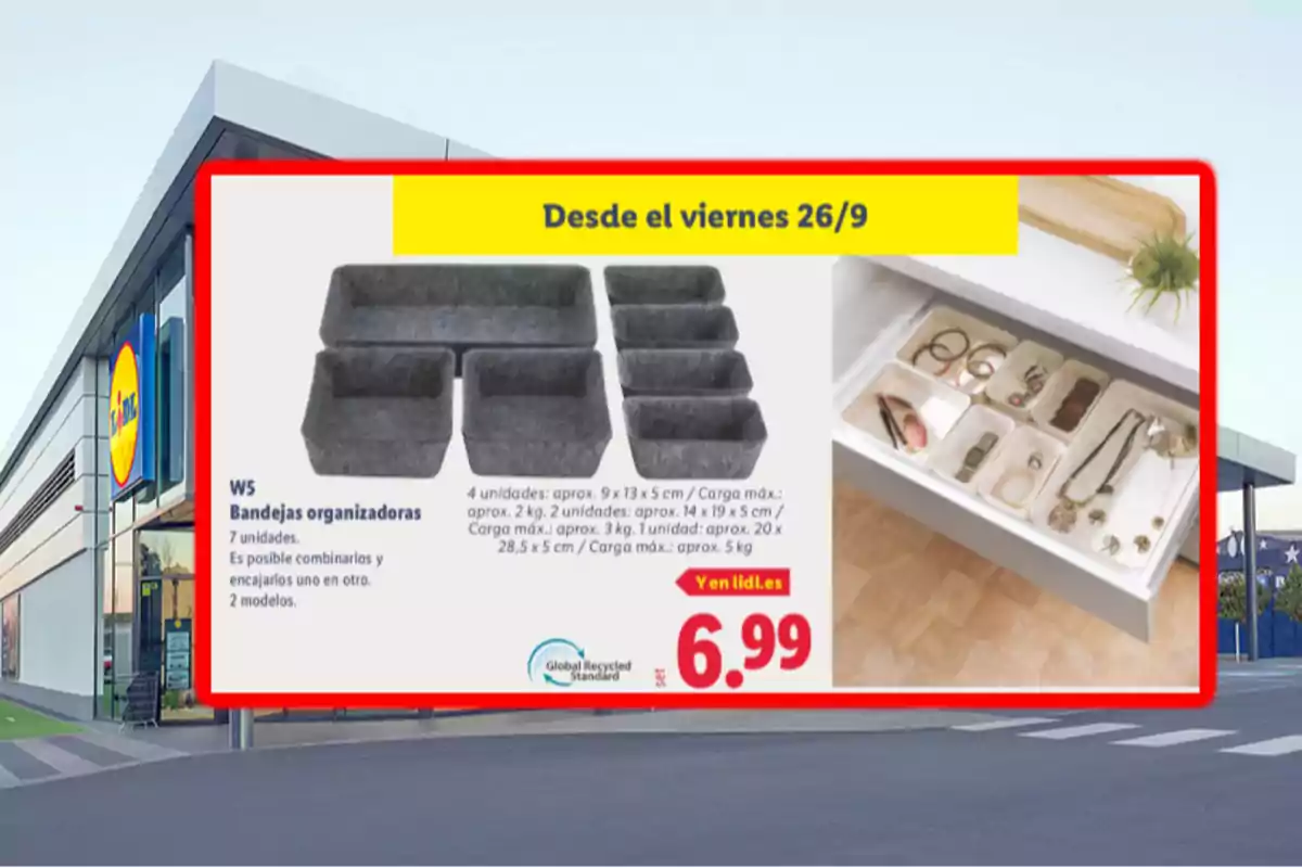 Promoción de bandejas organizadoras de siete piezas en Lidl por 6,99 euros disponibles desde el viernes 26 de septiembre con una imagen mostrando las bandejas dentro de un cajón organizando accesorios