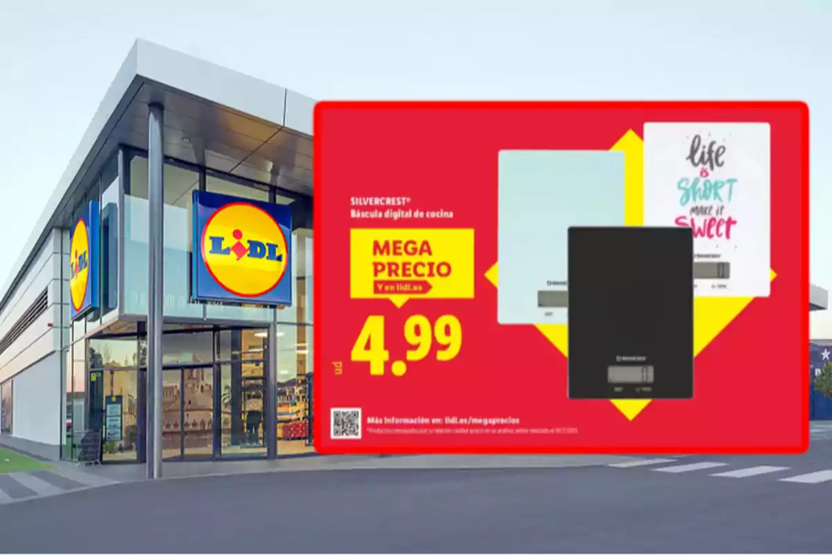Fachada de una tienda Lidl con un cartel promocional de básculas digitales de cocina Silvercrest a 4,99 euros en oferta. Fachada de una tienda Lidl con un cartel promocional de básculas digitales de cocina Silvercrest a 4,99 euros en oferta.
