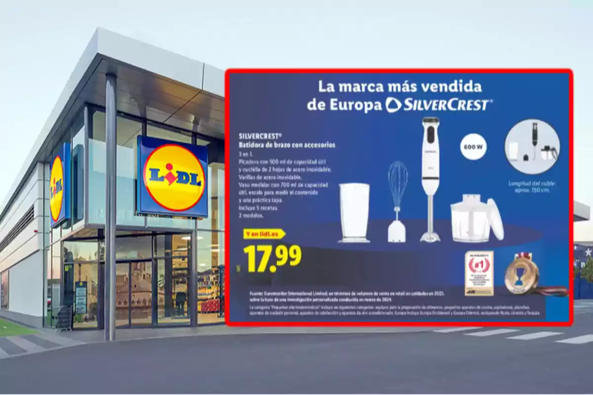 Fachada de una tienda Lidl con un cartel promocional de una batidora de mano Silvercrest con accesorios y precio destacado de 17,99 euros Fachada de una tienda Lidl con un cartel promocional de una batidora de mano Silvercrest con accesorios y precio destacado de 17,99 euros