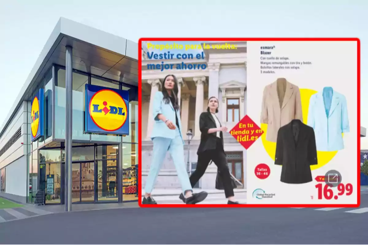 Fachada de una tienda Lidl con un cartel promocional de blazers para mujer en diferentes colores y precio destacado Fachada de una tienda Lidl con un cartel promocional de blazers para mujer en diferentes colores y precio destacado