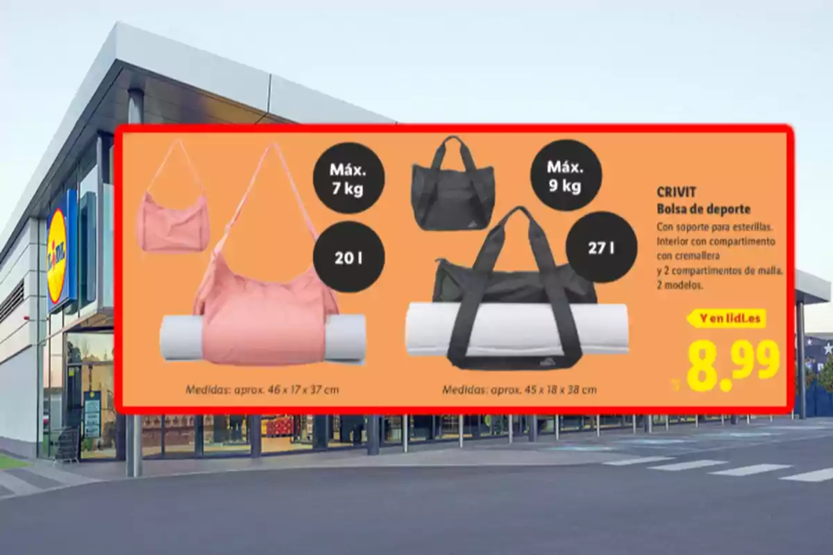 Publicidad de bolsas de deporte Crivit en colores rosa y negro con soporte para esterillas, capacidad de 20 y 27 litros, precio de 8.99 euros, exhibida frente a una tienda Lidl
