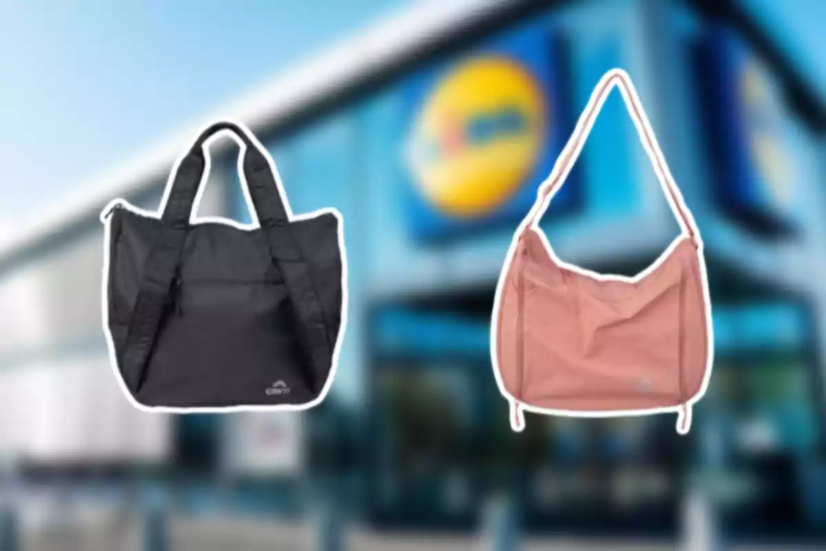 Dos bolsas deportivas, una negra y una rosa, están sobre un fondo desenfocado de una tienda.