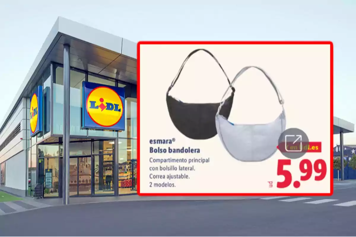 Fachada de una tienda Lidl con un anuncio de bolso bandolera esmara en dos colores diferentes a un precio de 5.99 euros