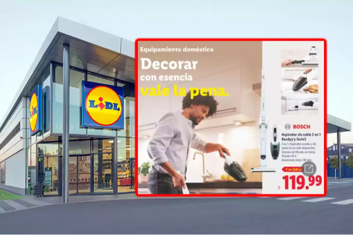 Fachada de una tienda Lidl con un cartel publicitario de un aspirador Bosch y un hombre usándolo en una cocina, junto al precio destacado en color rojo Fachada de una tienda Lidl con un cartel publicitario de un aspirador Bosch y un hombre usándolo en una cocina, junto al precio destacado en color rojo