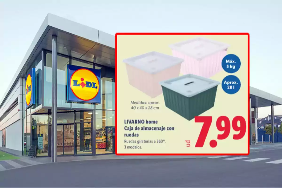 Fachada de una tienda Lidl con un cartel promocional de cajas de almacenaje con ruedas a un precio de 7.99 euros Fachada de una tienda Lidl con un cartel promocional de cajas de almacenaje con ruedas a un precio de 7.99 euros