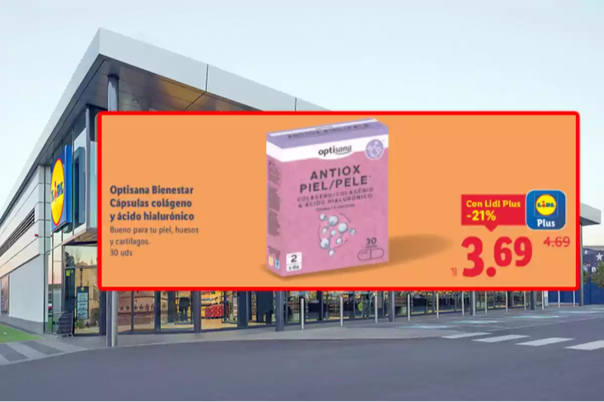 Promoción de cápsulas Optisana Bienestar con colágeno y ácido hialurónico para piel, huesos y cartílagos en Lidl a precio especial de 3.69 euros con Lidl Plus frente a una tienda Lidl Promoción de cápsulas Optisana Bienestar con colágeno y ácido hialurónico para piel, huesos y cartílagos en Lidl a precio especial de 3.69 euros con Lidl Plus frente a una tienda Lidl
