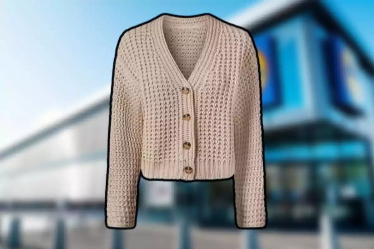 Suéter tejido de color beige con botones grandes al frente sobre un fondo de tienda desenfocado Suéter tejido de color beige con botones grandes al frente sobre un fondo de tienda desenfocado