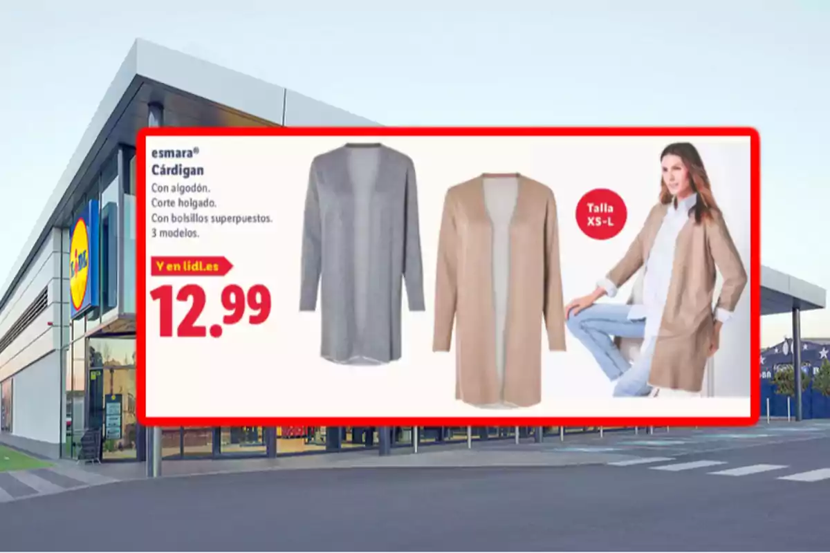 Publicidad de un cárdigan Esmara en colores gris y beige disponible en tallas XS a L por 12.99 euros en una tienda Lidl Publicidad de un cárdigan Esmara en colores gris y beige disponible en tallas XS a L por 12.99 euros en una tienda Lidl