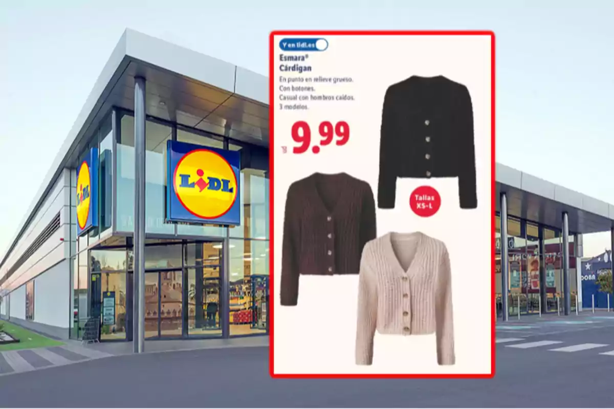Fachada de una tienda Lidl con un cartel promocional de cárdigans de punto grueso en tres colores diferentes a un precio de 9,99 euros Fachada de una tienda Lidl con un cartel promocional de cárdigans de punto grueso en tres colores diferentes a un precio de 9,99 euros