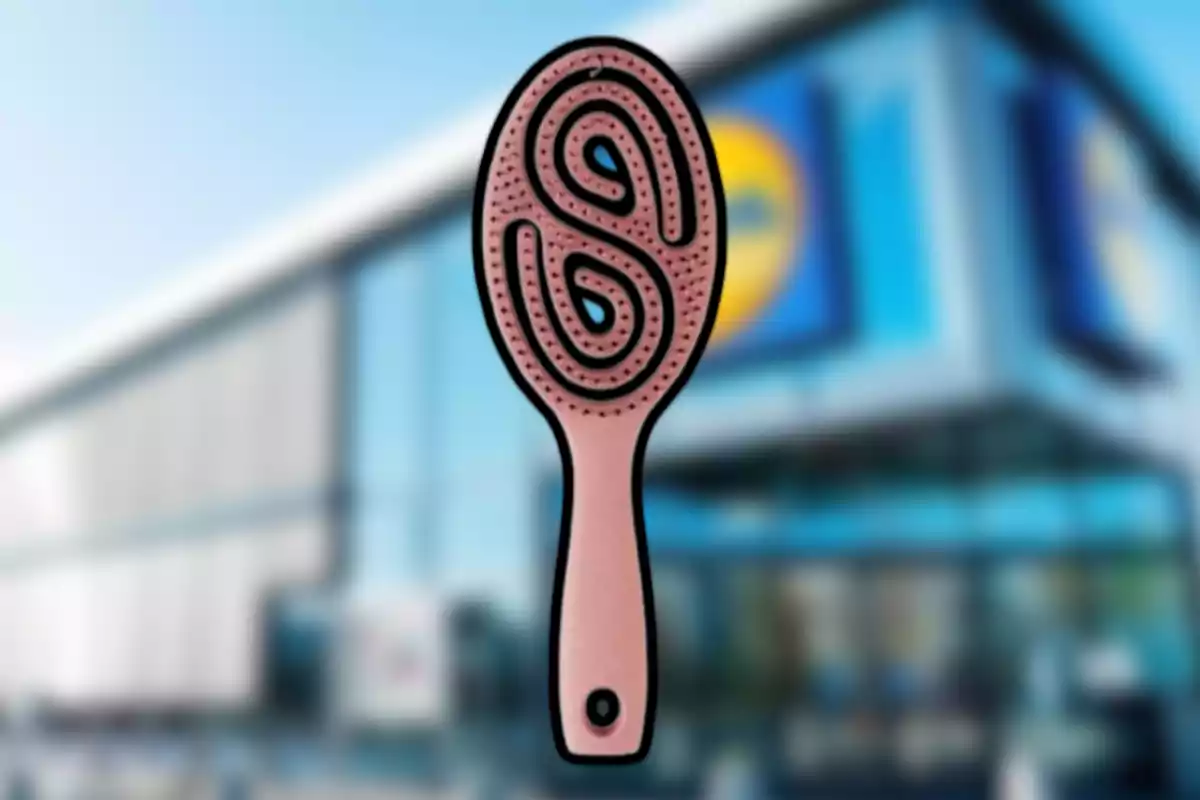 Cepillo de pelo rosa con diseño de orificios en espiral sobre un fondo borroso de una tienda