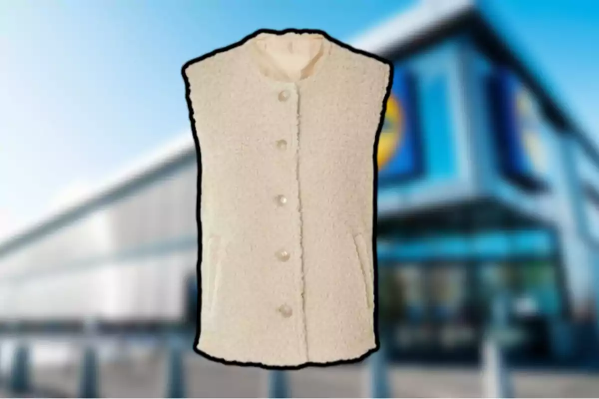 Chaleco de borreguito color beige con botones grandes al frente y bolsillos, sobre un fondo de tienda desenfocado Chaleco de borreguito color beige con botones grandes al frente y bolsillos, sobre un fondo de tienda desenfocado