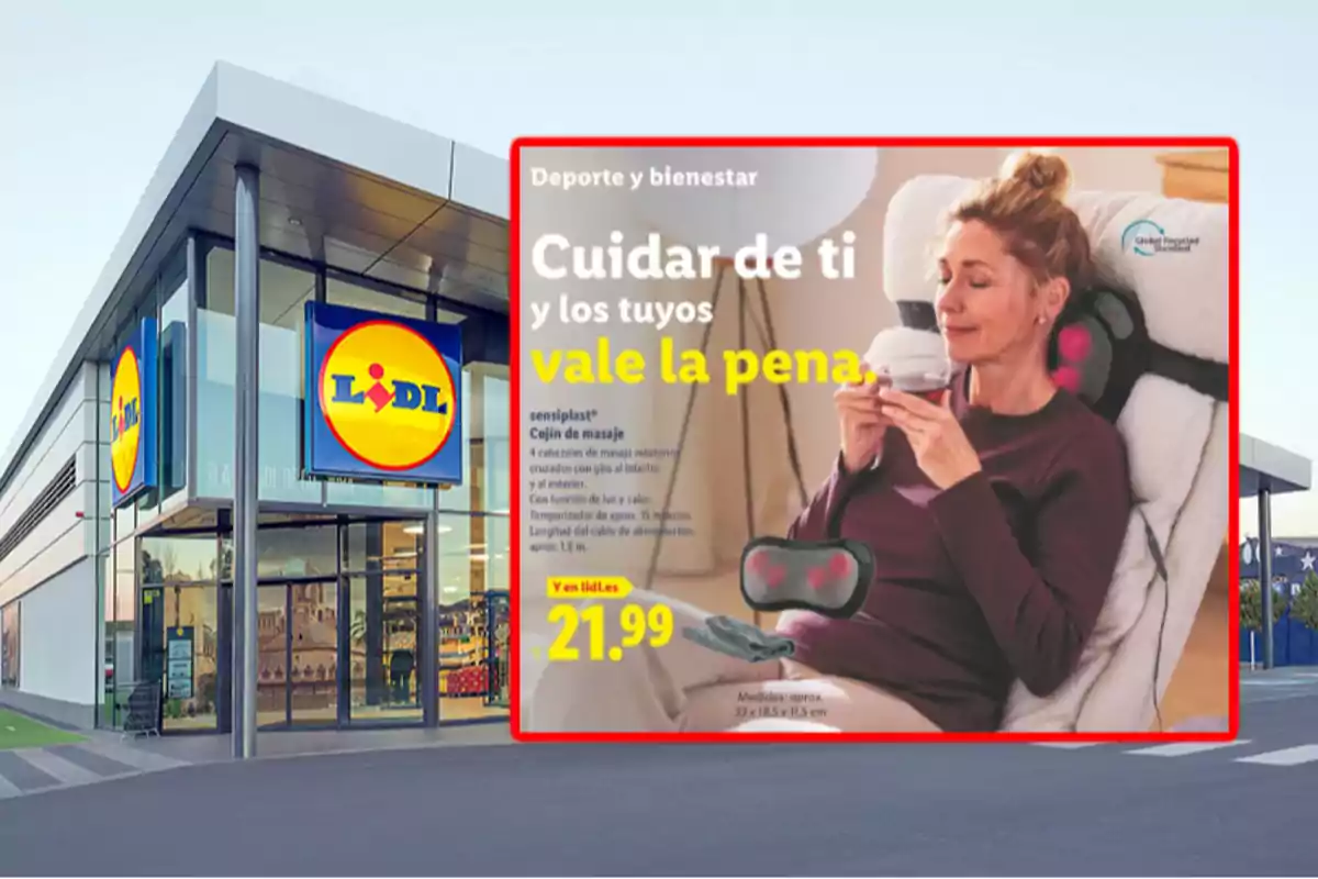 Fachada de una tienda Lidl con un cartel publicitario que muestra a una mujer usando un cojín de masaje y sosteniendo una taza, acompañado de un mensaje sobre bienestar y el precio del producto. Fachada de una tienda Lidl con un cartel publicitario que muestra a una mujer usando un cojín de masaje y sosteniendo una taza, acompañado de un mensaje sobre bienestar y el precio del producto.