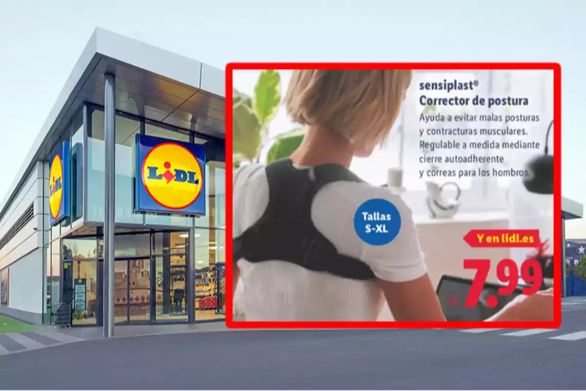 Fachada de una tienda Lidl con un anuncio de corrector de postura para la espalda en primer plano mostrando el precio y las tallas disponibles Fachada de una tienda Lidl con un anuncio de corrector de postura para la espalda en primer plano mostrando el precio y las tallas disponibles