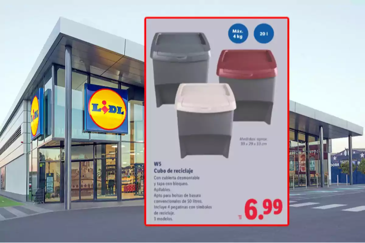 Fachada de una tienda Lidl con un anuncio de cubos de reciclaje apilables en tres colores diferentes y precio de 6,99 euros Fachada de una tienda Lidl con un anuncio de cubos de reciclaje apilables en tres colores diferentes y precio de 6,99 euros