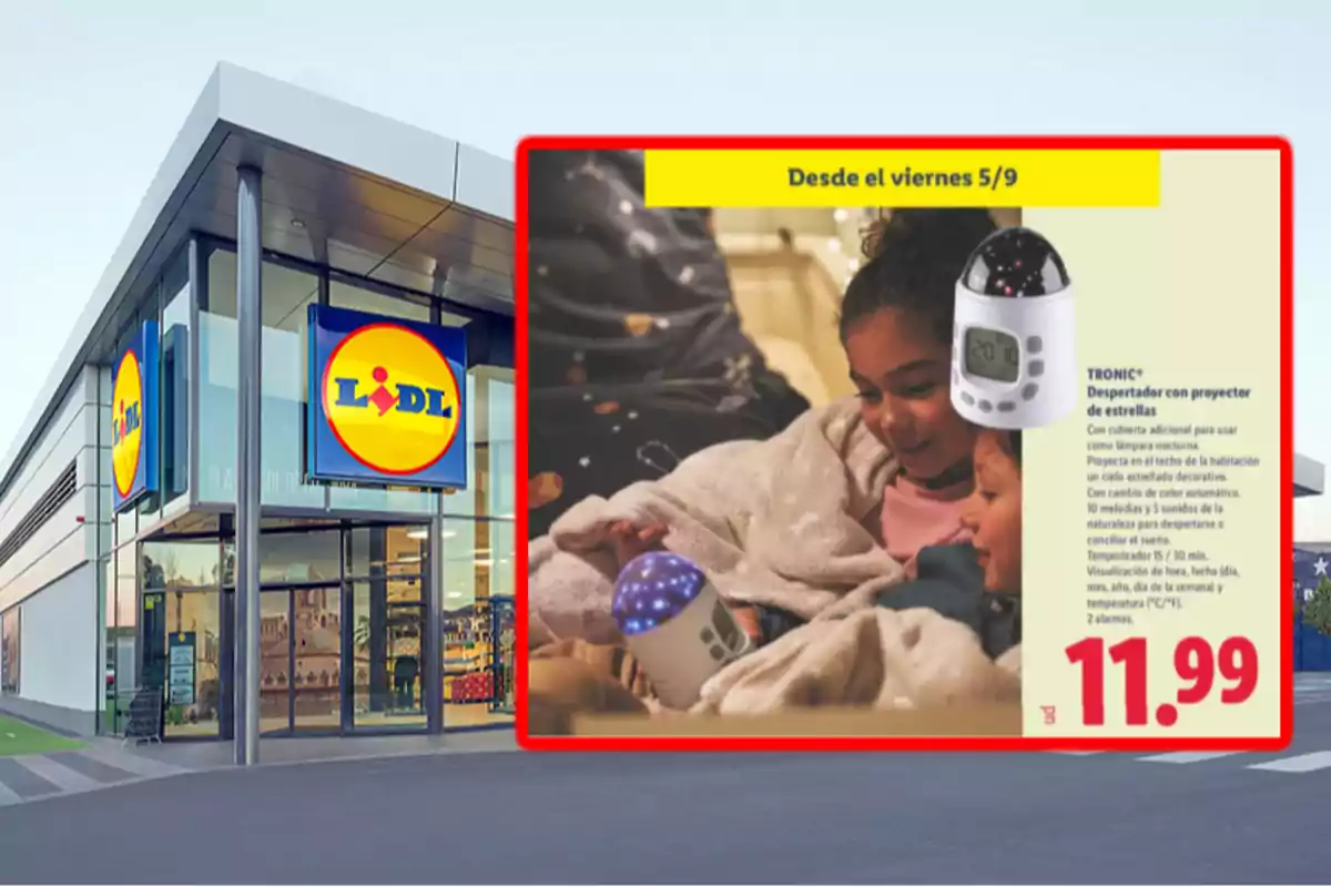 Fachada de una tienda Lidl con un anuncio de un despertador con proyector de estrellas en oferta por 11.99 euros Fachada de una tienda Lidl con un anuncio de un despertador con proyector de estrellas en oferta por 11.99 euros