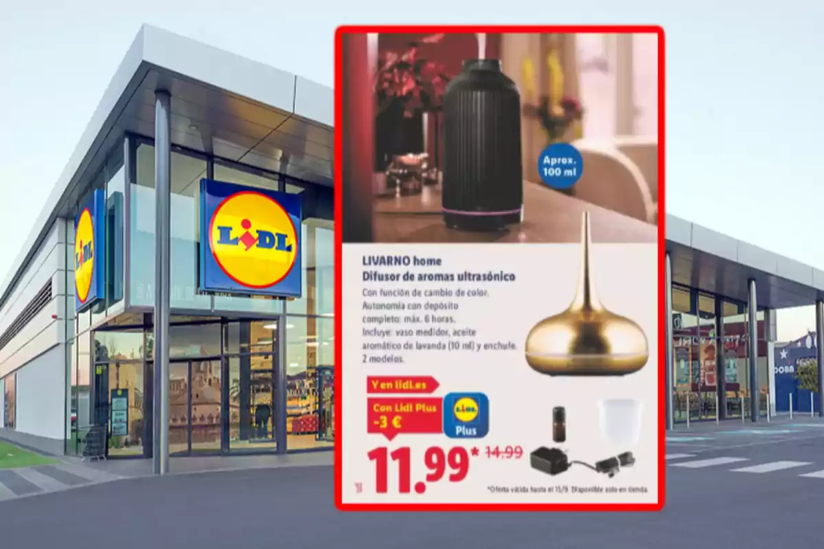 Fachada de una tienda Lidl con un cartel promocional de un difusor de aromas ultrasónico de la marca Livarno home en oferta por 11,99 euros