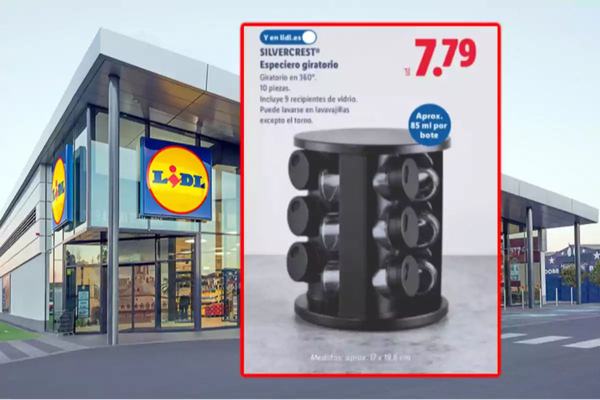 Fachada de una tienda Lidl con un anuncio de un especiero giratorio de la marca Silvercrest en primer plano mostrando su precio y características