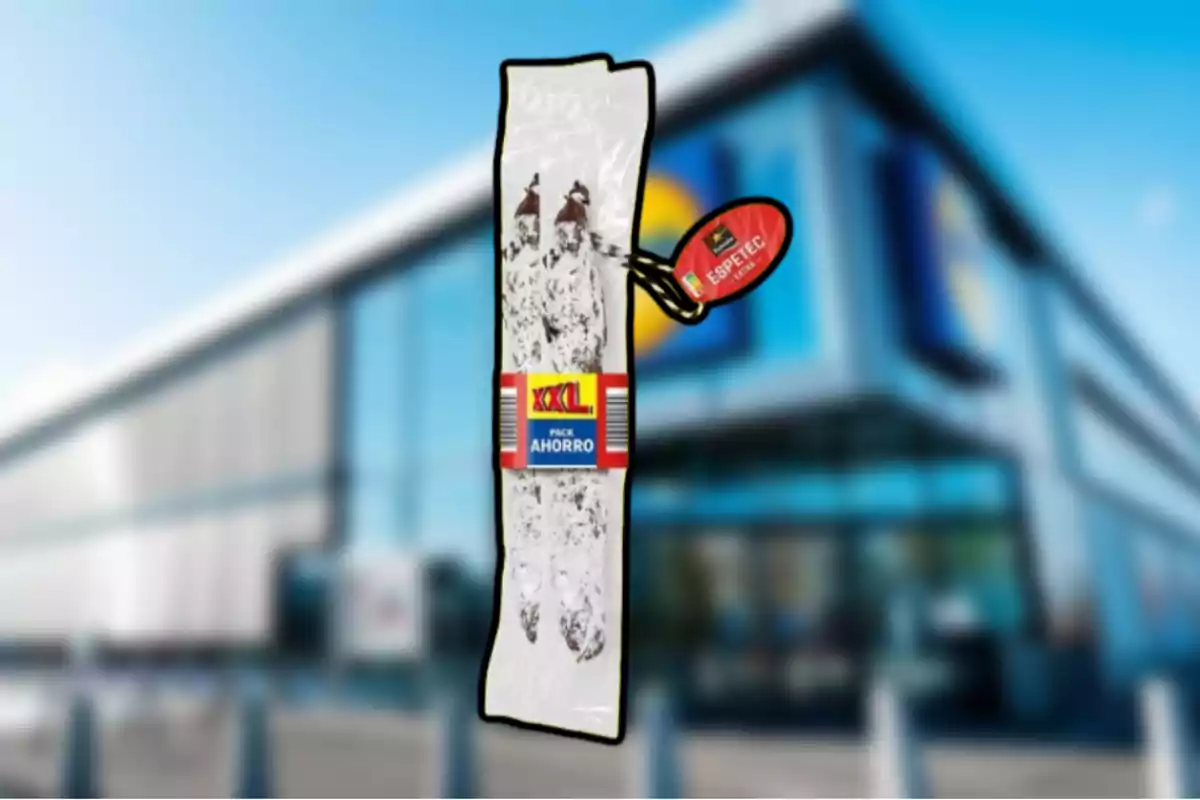 Paquete de espetec XXL pack ahorro frente a un supermercado desenfocado Paquete de espetec XXL pack ahorro frente a un supermercado desenfocado