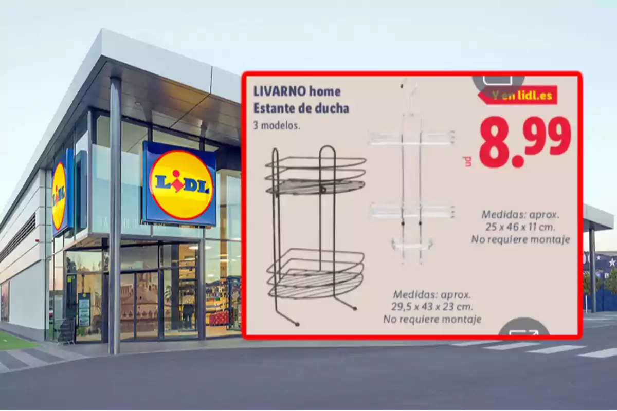 Fachada de una tienda Lidl con un anuncio de estantes de ducha Livarno home en oferta por 8,99 euros mostrando dos modelos y sus medidas
