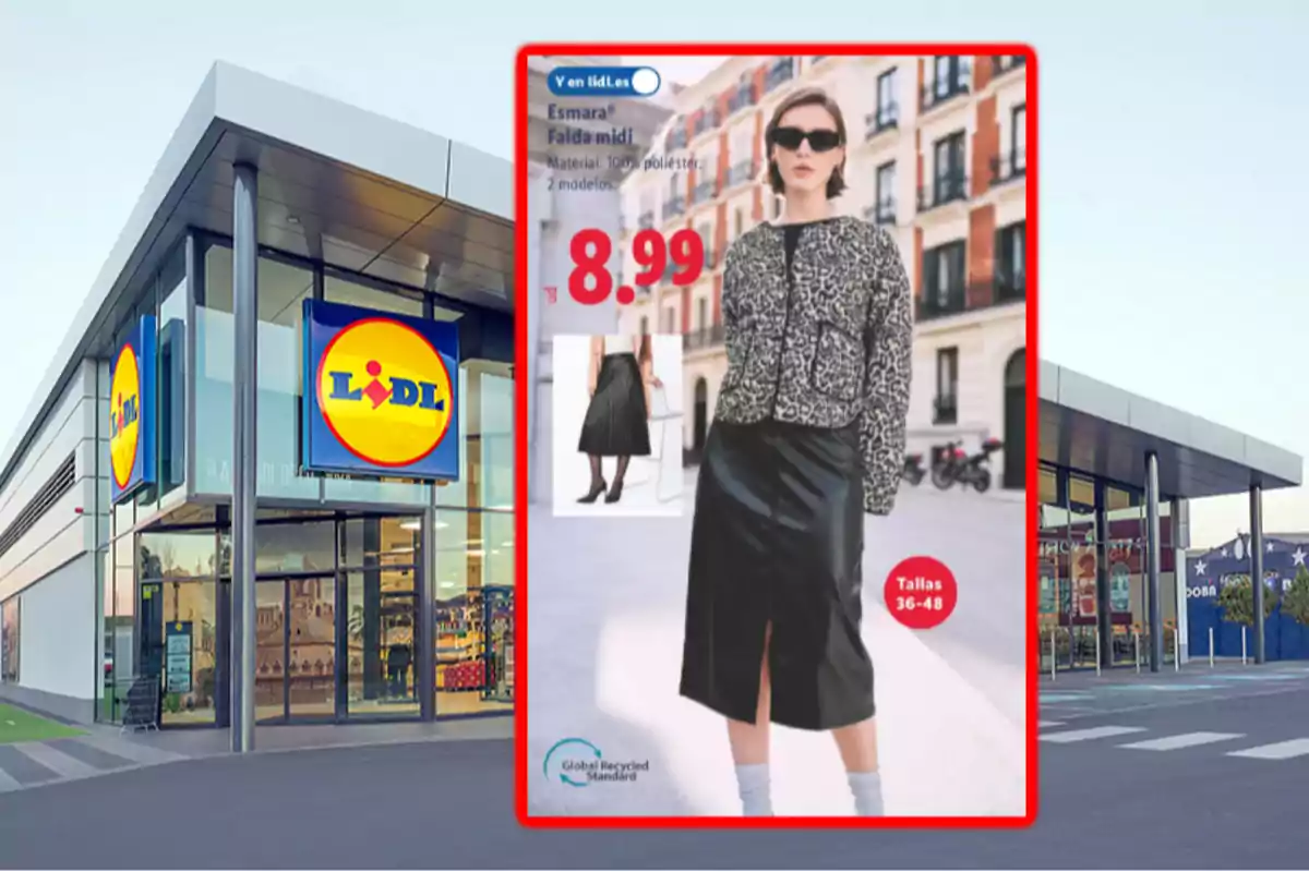 Tienda Lidl con un cartel promocional de una falda midi negra para mujer a 8.99 euros