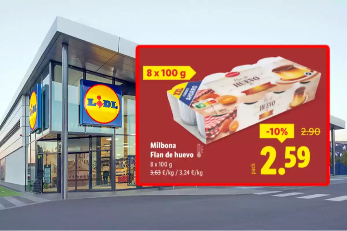 Fachada de supermercado Lidl con una oferta destacada de flan de huevo Milbona en pack de 8 unidades a 2,59 euros Fachada de supermercado Lidl con una oferta destacada de flan de huevo Milbona en pack de 8 unidades a 2,59 euros