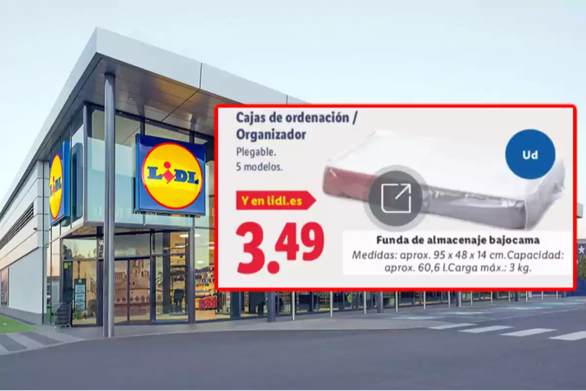 Fachada de una tienda Lidl con un cartel promocional de una funda de almacenamiento bajo cama a 3,49 euros Fachada de una tienda Lidl con un cartel promocional de una funda de almacenamiento bajo cama a 3,49 euros
