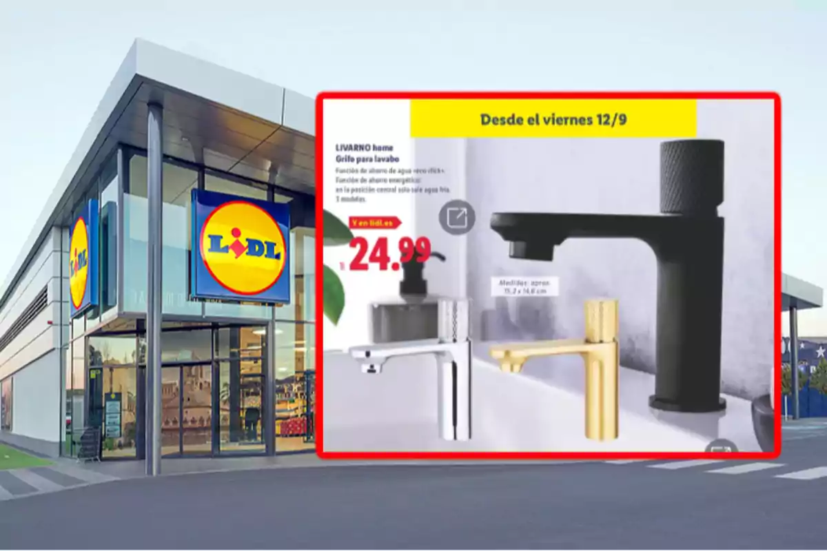 Fachada de una tienda Lidl con un anuncio de grifos para lavabo en diferentes colores y el precio destacado en primer plano Fachada de una tienda Lidl con un anuncio de grifos para lavabo en diferentes colores y el precio destacado en primer plano