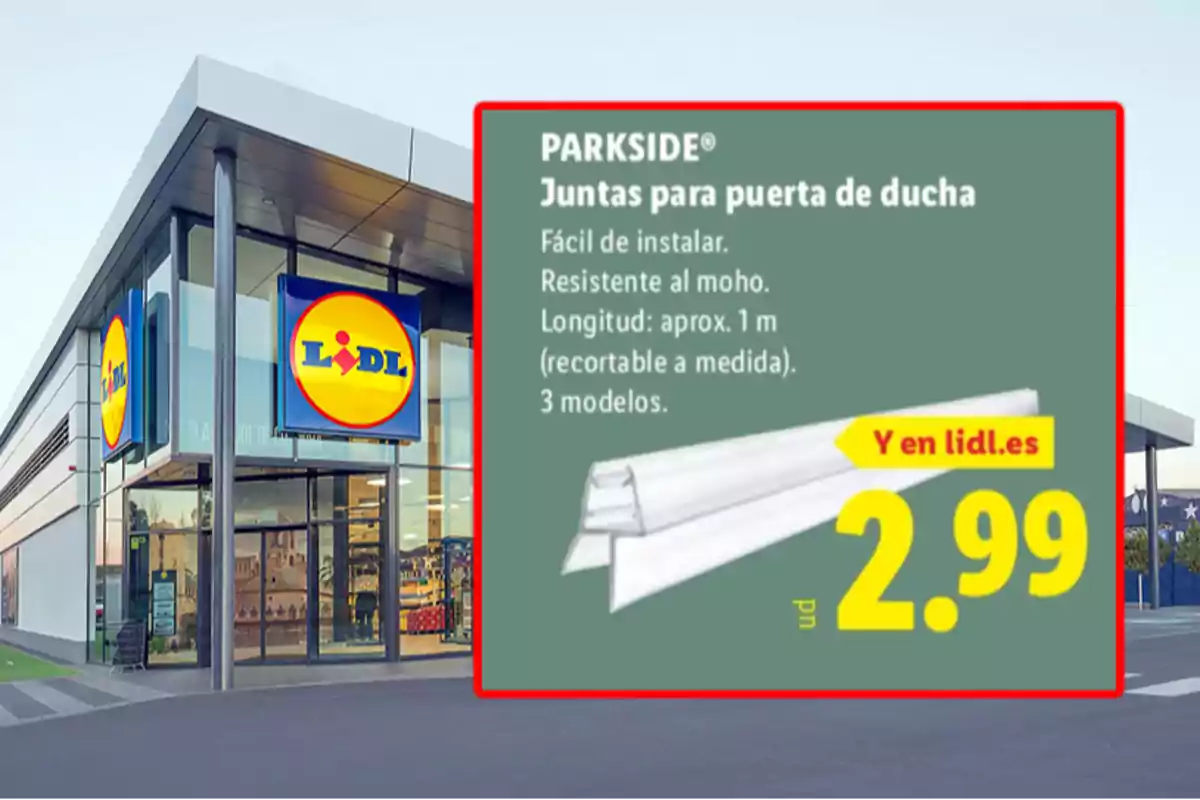 Fachada de una tienda Lidl con un anuncio de juntas para puerta de ducha Parkside a 2,99 euros destacando su fácil instalación y resistencia al moho Fachada de una tienda Lidl con un anuncio de juntas para puerta de ducha Parkside a 2,99 euros destacando su fácil instalación y resistencia al moho