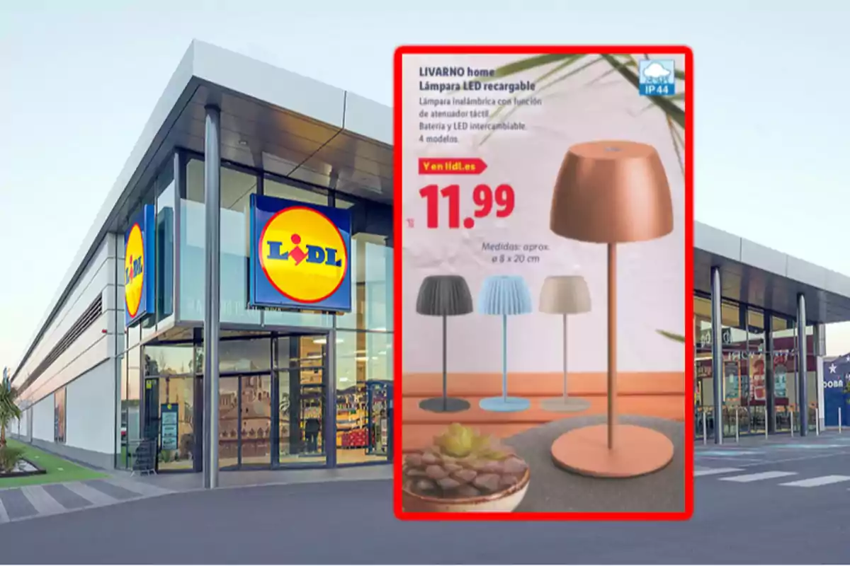 Fachada de una tienda Lidl con un cartel promocional de lámparas LED recargables de diferentes colores y precio destacado en primer plano