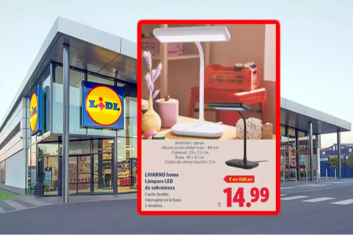 Fachada de una tienda Lidl con un anuncio de lámparas LED de sobremesa en color blanco y negro con precio de 14.99 euros Fachada de una tienda Lidl con un anuncio de lámparas LED de sobremesa en color blanco y negro con precio de 14.99 euros