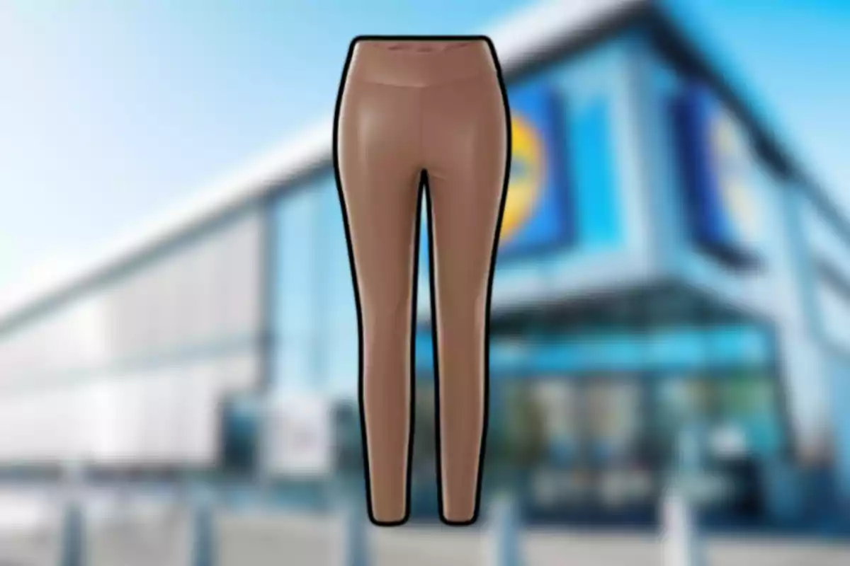 Pantalones ajustados color marrón sobre un fondo borroso de una tienda. Pantalones ajustados color marrón sobre un fondo borroso de una tienda.