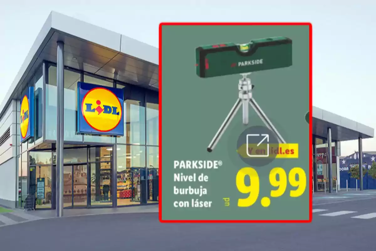 Fachada de una tienda Lidl con un anuncio de un nivel de burbuja con láser Parkside en oferta a 9,99 euros Fachada de una tienda Lidl con un anuncio de un nivel de burbuja con láser Parkside en oferta a 9,99 euros