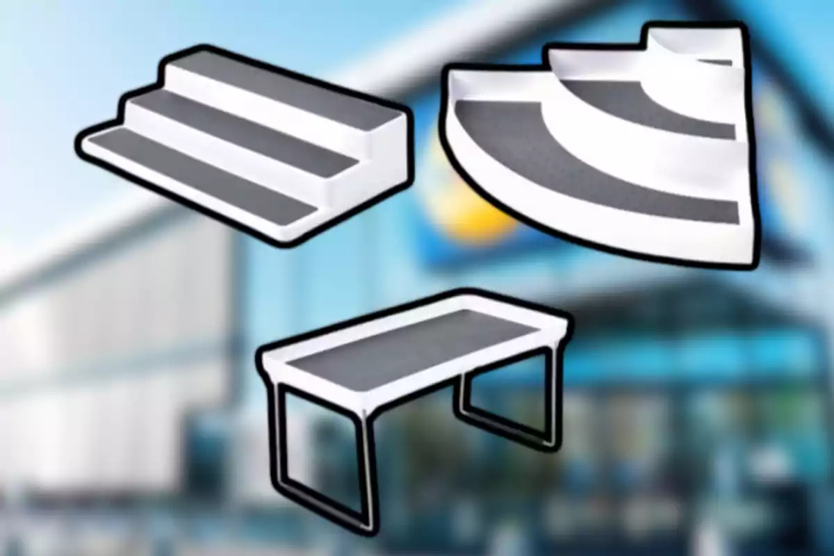 Tres tipos de escalones y una plataforma blanca con superficie antideslizante sobre un fondo borroso de edificio moderno.