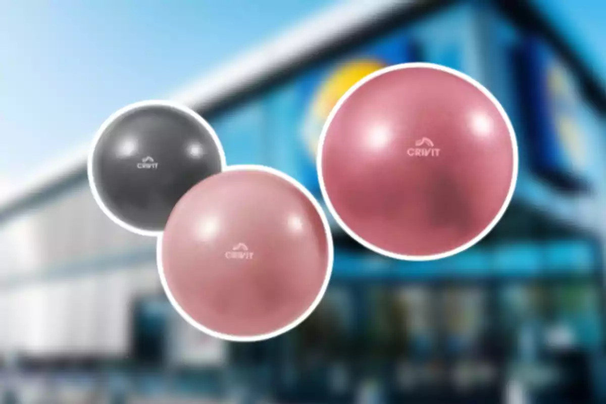 Tres pelotas de ejercicio Crivit en colores rosa y gris frente a una tienda con fachada desenfocada Tres pelotas de ejercicio Crivit en colores rosa y gris frente a una tienda con fachada desenfocada