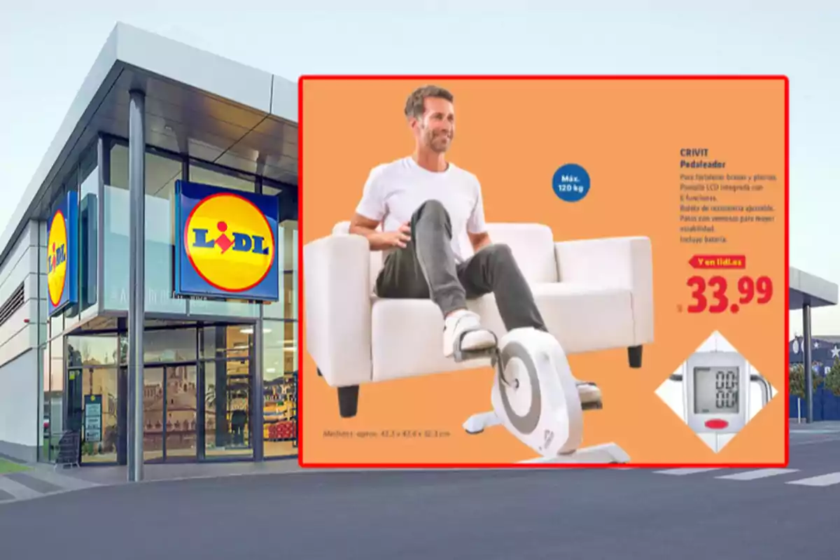 Fachada de una tienda Lidl con un anuncio de un pedaleador Crivit en oferta por 33,99 euros mostrando a un hombre usándolo sentado en un sofá