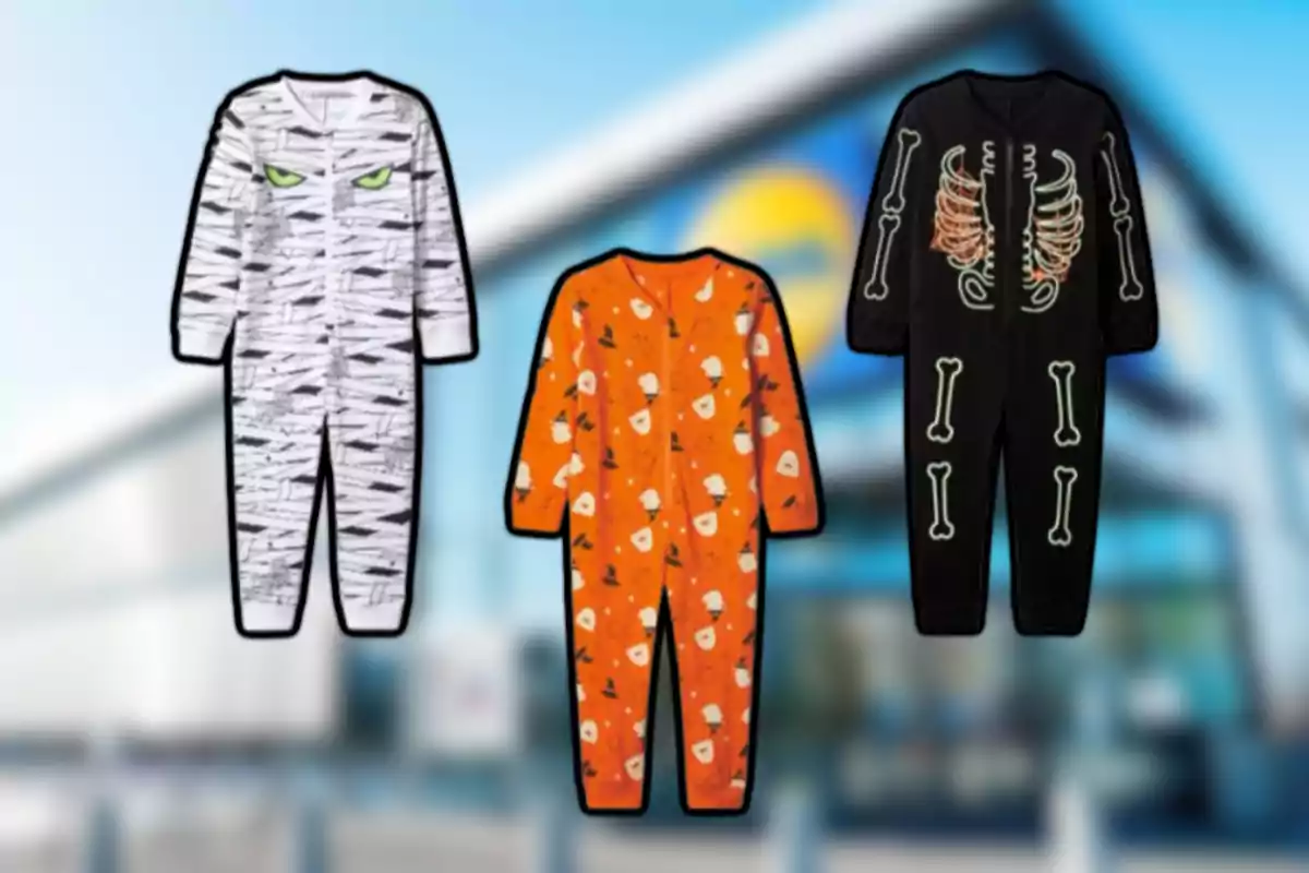 Tres pijamas infantiles con temática de Halloween están exhibidos frente a una tienda, uno con diseño de momia, otro naranja con dibujos de calabazas y fantasmas, y el tercero con un estampado de esqueleto.