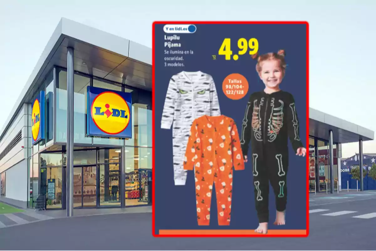 Fachada de una tienda Lidl con un anuncio de pijamas infantiles de Halloween que brillan en la oscuridad y cuestan 4,99 euros
