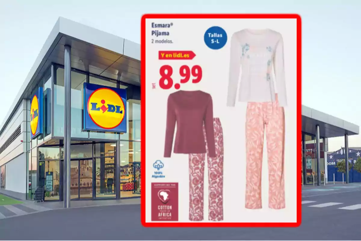 Fachada de una tienda Lidl con un anuncio de pijamas Esmara para mujer en dos modelos y precio de 8,99 euros