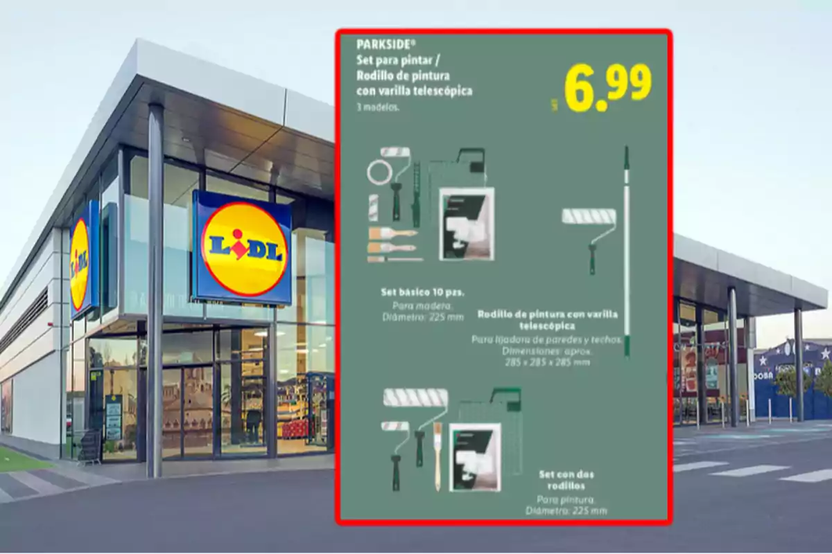 Fachada de una tienda Lidl con un cartel promocional de un set de pintura Parkside a 6.99 euros Fachada de una tienda Lidl con un cartel promocional de un set de pintura Parkside a 6.99 euros