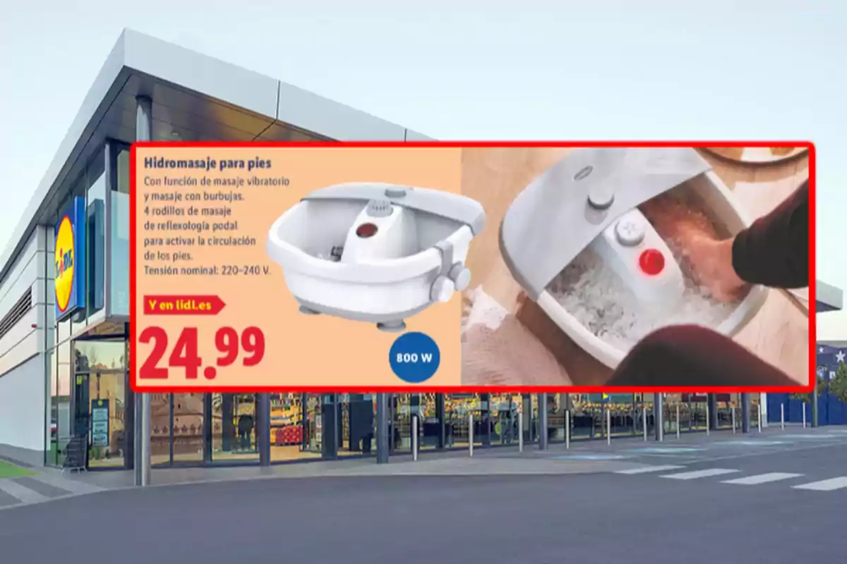 Publicidad de una tienda Lidl mostrando una oferta de hidromasaje para pies con función de masaje vibratorio y burbujas, cuatro rodillos de reflexología podal, potencia de 800 W y precio de 24.99 euros Publicidad de una tienda Lidl mostrando una oferta de hidromasaje para pies con función de masaje vibratorio y burbujas, cuatro rodillos de reflexología podal, potencia de 800 W y precio de 24.99 euros